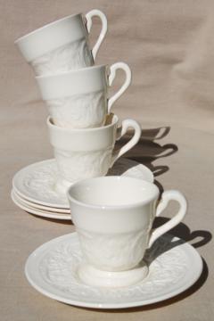 catalog photo of vintage Wedgwood creamware ivory china demitasse cups & saucers, Patrician embossed border