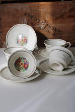 catalog photo of vintage Wedgwood cups and saucers, Windermere floral embossed creamware china
