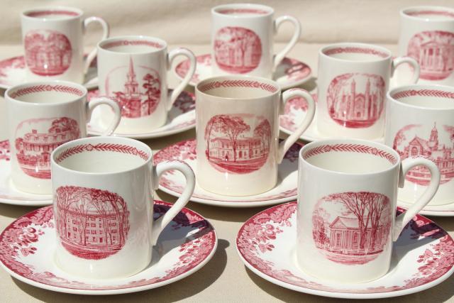 photo of vintage Wedgwood demitasse coffee cups & saucers, pink red transferware Harvard scenes tercentenary #1