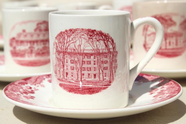 photo of vintage Wedgwood demitasse coffee cups & saucers, pink red transferware Harvard scenes tercentenary #2