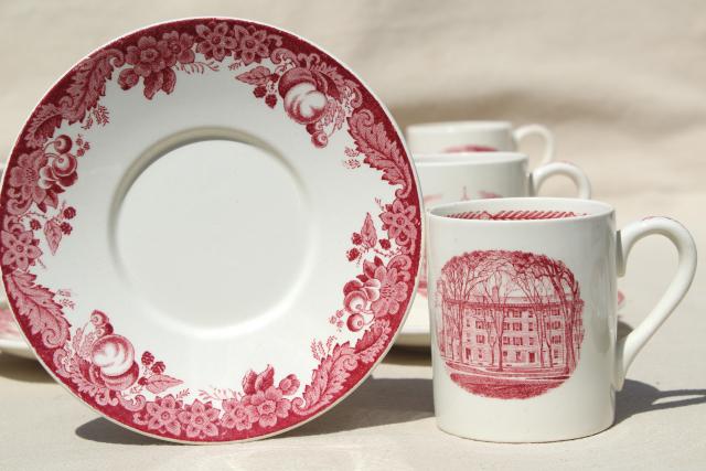 photo of vintage Wedgwood demitasse coffee cups & saucers, pink red transferware Harvard scenes tercentenary #3