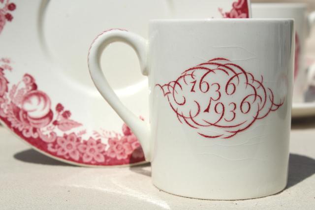 photo of vintage Wedgwood demitasse coffee cups & saucers, pink red transferware Harvard scenes tercentenary #4