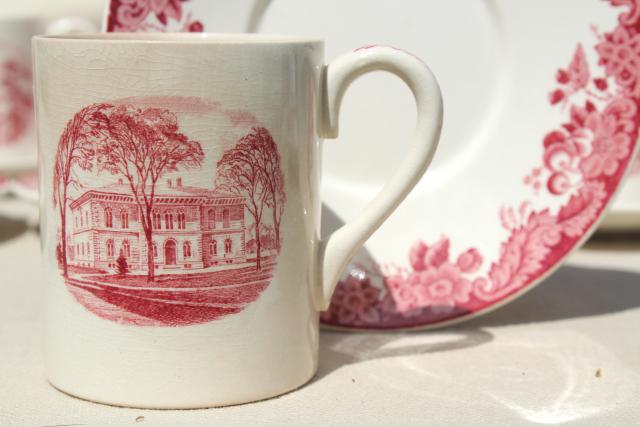 photo of vintage Wedgwood demitasse coffee cups & saucers, pink red transferware Harvard scenes tercentenary #5