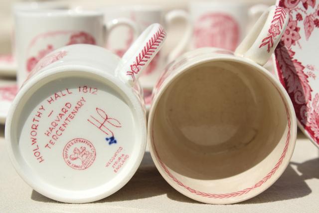 photo of vintage Wedgwood demitasse coffee cups & saucers, pink red transferware Harvard scenes tercentenary #6