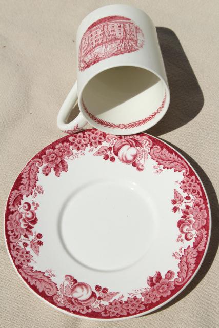 photo of vintage Wedgwood demitasse coffee cups & saucers, pink red transferware Harvard scenes tercentenary #7