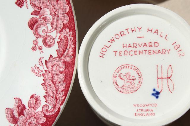 photo of vintage Wedgwood demitasse coffee cups & saucers, pink red transferware Harvard scenes tercentenary #8