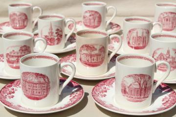 catalog photo of vintage Wedgwood demitasse coffee cups & saucers, pink red transferware Harvard scenes tercentenary