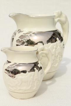 catalog photo of vintage Wedgwood embossed creamware silver luster pitcher & milk jug w/ hunt scene