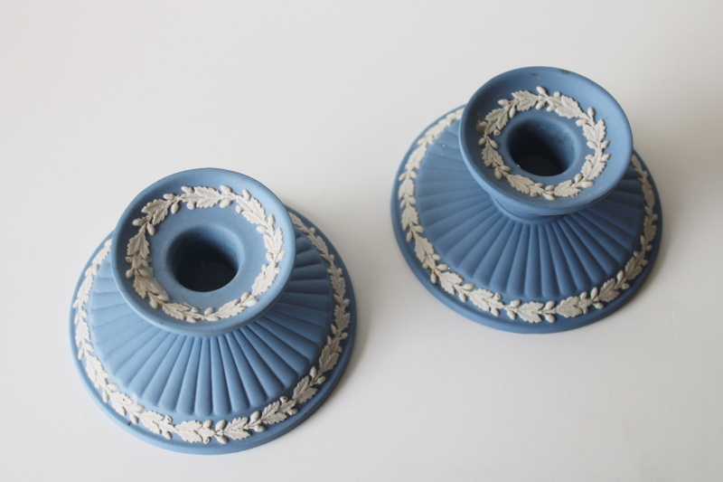 photo of vintage Wedgwood jasperware blue and white china candle holders, pair of low candlesticks  #2