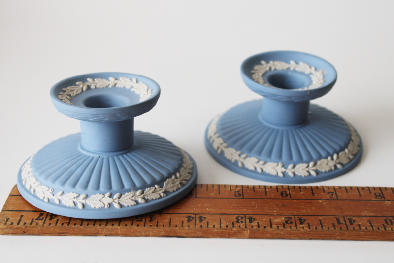 photo of vintage Wedgwood jasperware blue and white china candle holders, pair of low candlesticks  #7