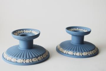 catalog photo of vintage Wedgwood jasperware blue and white china candle holders, pair of low candlesticks 