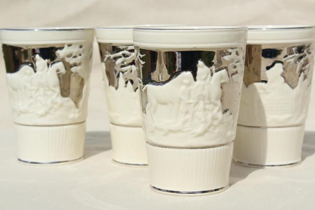 photo of vintage Wedgwood tumblers, John Peel hunt scene embossed creamware w/ silver luster #1