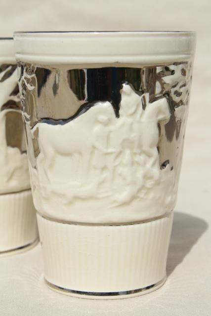 photo of vintage Wedgwood tumblers, John Peel hunt scene embossed creamware w/ silver luster #2