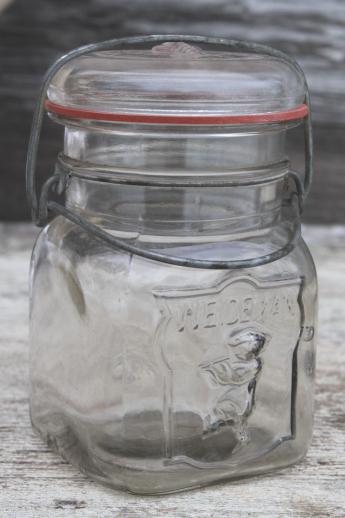 photo of vintage Weideman boy brand embossed canning jar, bail lid fruit jar pint size #1