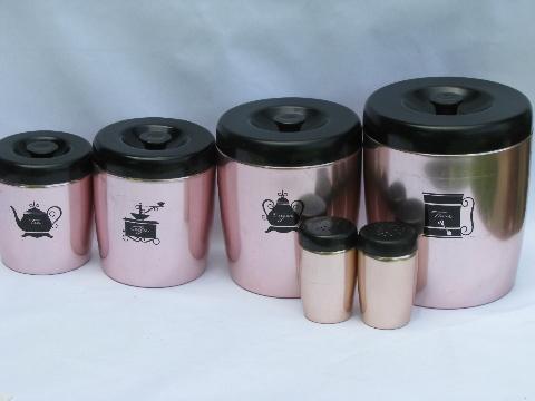 photo of vintage West Bend copper pink aluminum kitchen canisters / shakers #1