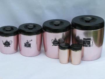 catalog photo of vintage West Bend copper pink aluminum kitchen canisters / shakers