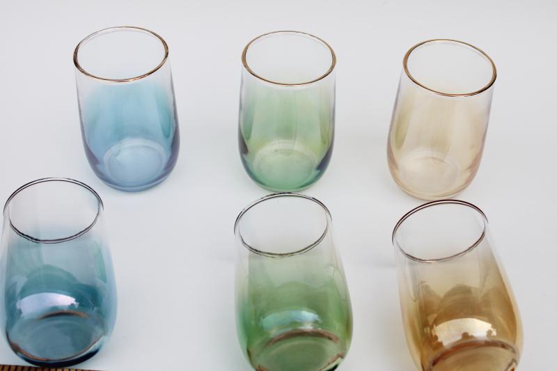 photo of vintage West Virginia glass colored luster iridescent drinking glasses, retro barware #5