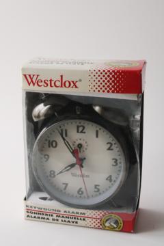 catalog photo of vintage Westclox double bell alarm clock in original box, old fashioned wind up alarm clock 