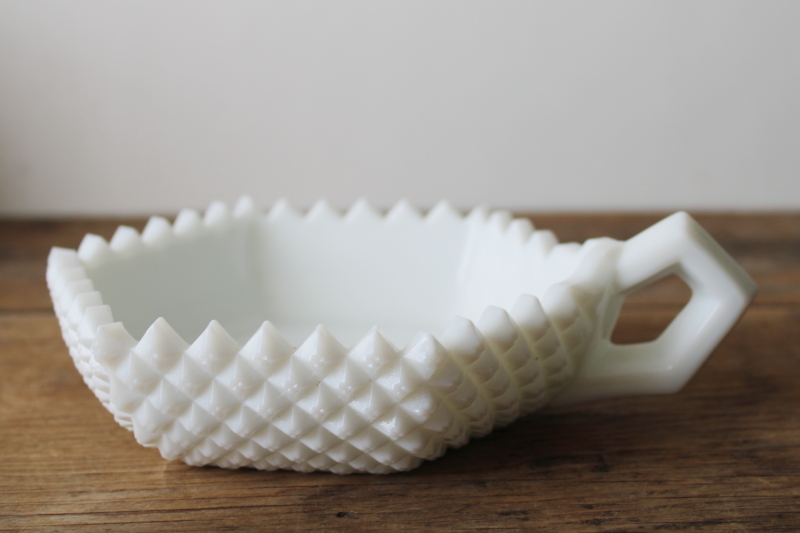 photo of vintage Westmoreland English hobnail pattern milk glass nappy, candy dish w/ finger ring handle  #1