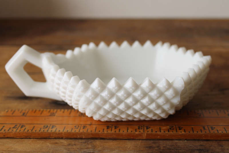 photo of vintage Westmoreland English hobnail pattern milk glass nappy, candy dish w/ finger ring handle  #5