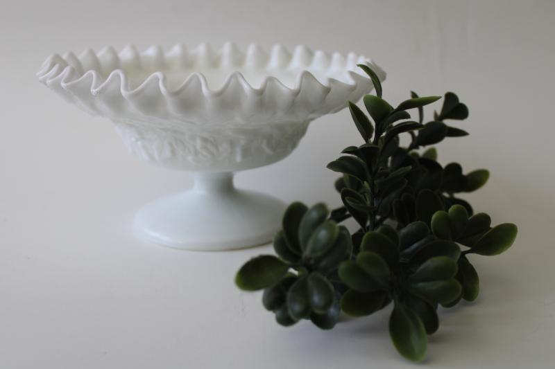 photo of vintage Westmoreland bramble leaf pattern milk glass candy dish, crimped edge bowl #1