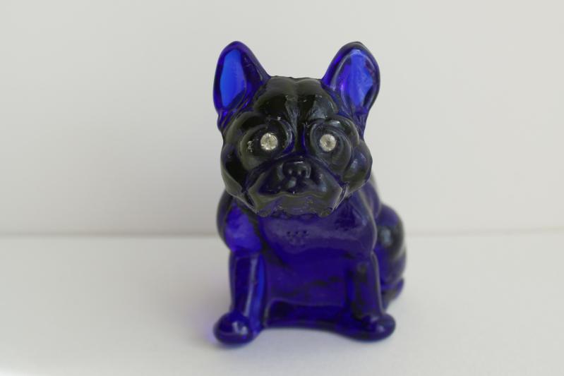 photo of vintage Westmoreland cobalt blue glass dog w/ rhinestone eyes, Frenchie or bulldog #1