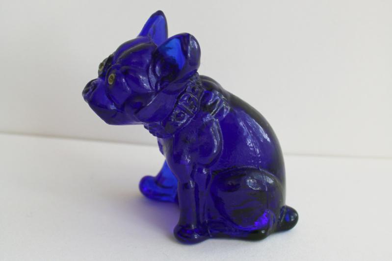 photo of vintage Westmoreland cobalt blue glass dog w/ rhinestone eyes, Frenchie or bulldog #2