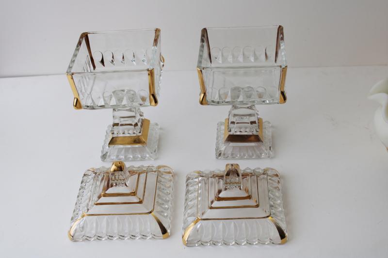 photo of vintage Westmoreland glass, pair of wedding bowls, square candy dishes w/ gold trim  #3