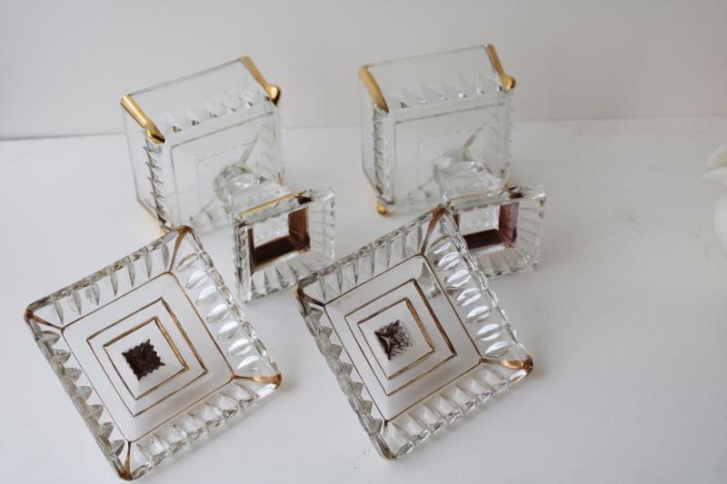 photo of vintage Westmoreland glass, pair of wedding bowls, square candy dishes w/ gold trim  #4