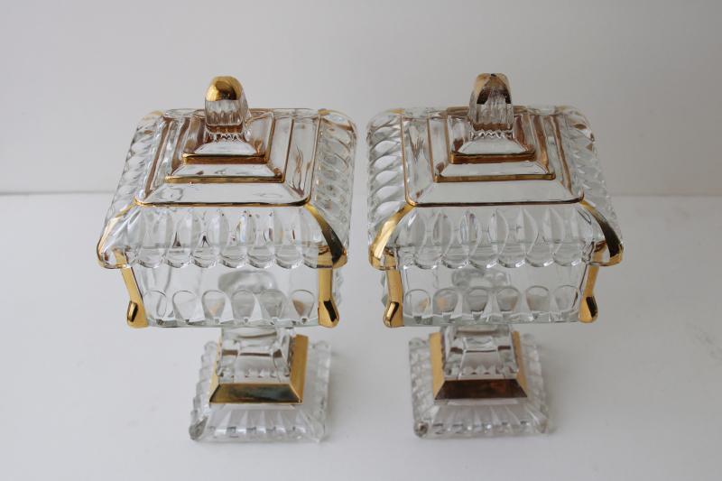 photo of vintage Westmoreland glass, pair of wedding bowls, square candy dishes w/ gold trim  #7