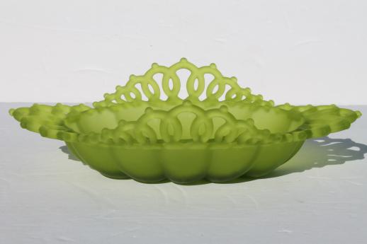 photo of vintage Westmoreland green mist satin frosted glass, open lace edge oval bowl #2