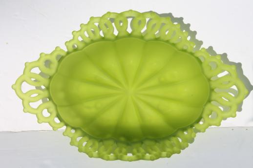 photo of vintage Westmoreland green mist satin frosted glass, open lace edge oval bowl #4