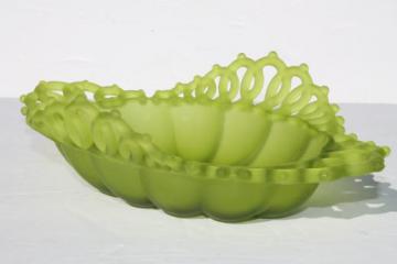 catalog photo of vintage Westmoreland green mist satin frosted glass, open lace edge oval bowl