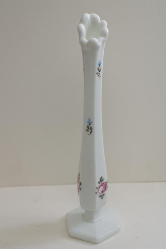 photo of vintage Westmoreland hand painted roses milk glass bud vase marked WG #1