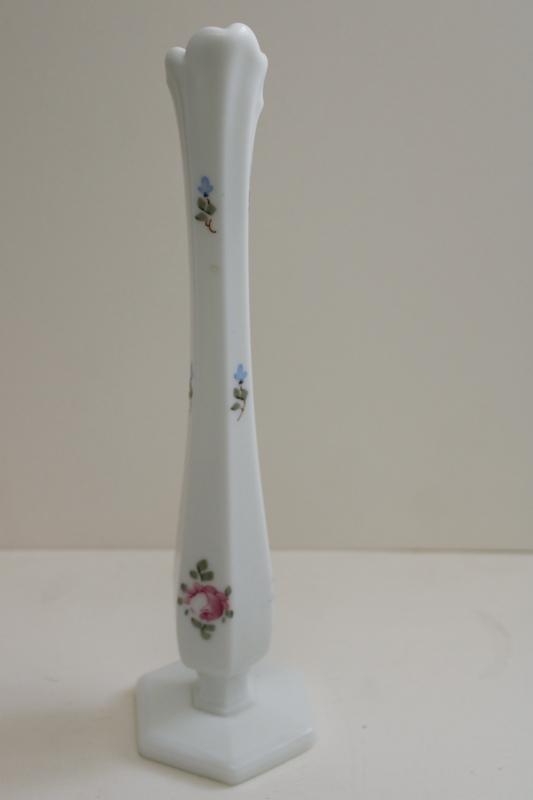 photo of vintage Westmoreland hand painted roses milk glass bud vase marked WG #2