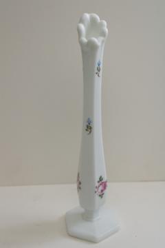 catalog photo of vintage Westmoreland hand painted roses milk glass bud vase marked WG