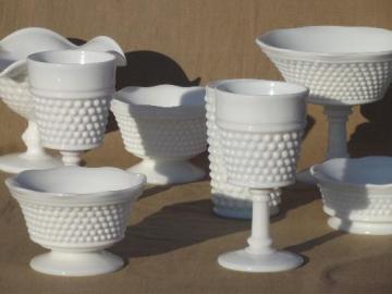 catalog photo of vintage Westmoreland milk glass American hobnail compotes, goblets, ivy bowls 