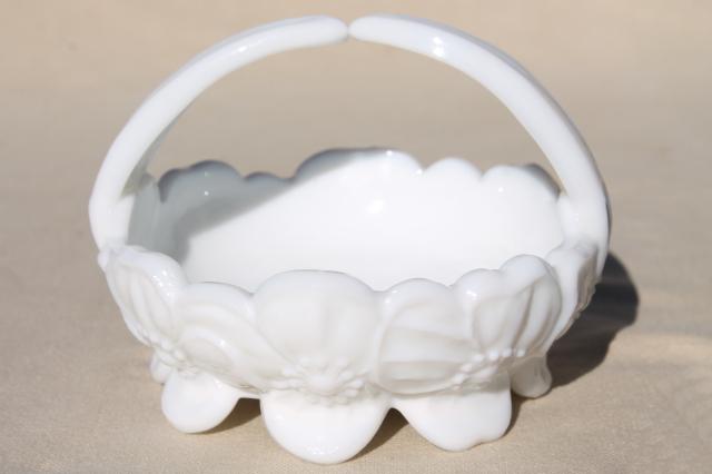 photo of vintage Westmoreland milk glass basket, pansy pattern flowers pansies #2