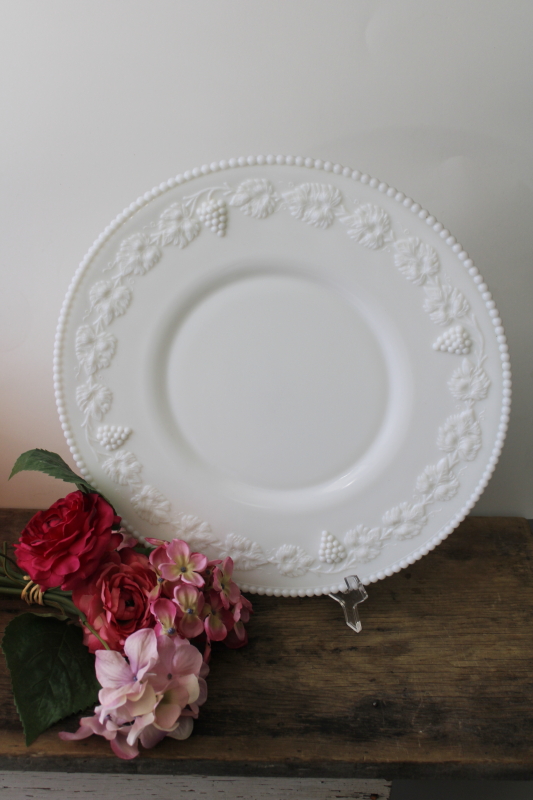 photo of vintage Westmoreland milk glass cake plate or round tray, beaded edge paneled grape #1