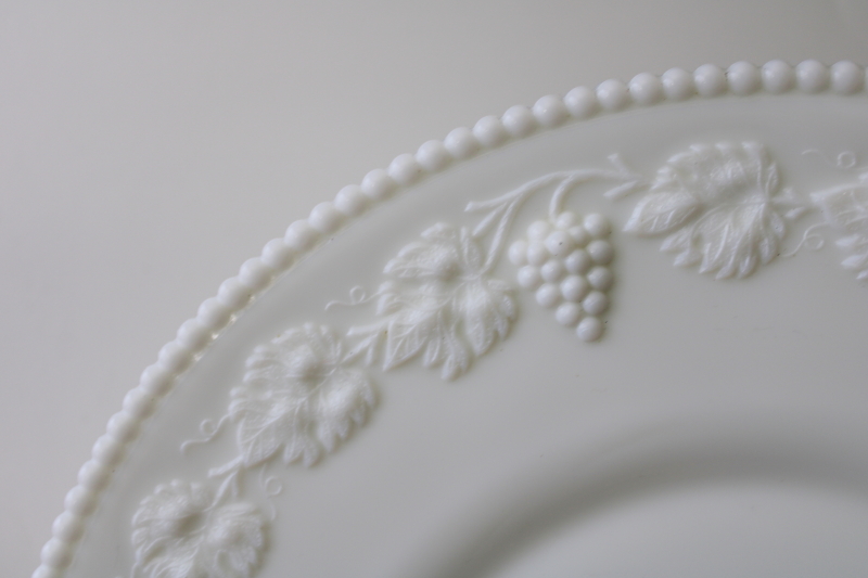 photo of vintage Westmoreland milk glass cake plate or round tray, beaded edge paneled grape #2