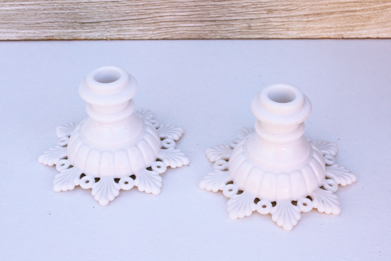 photo of vintage Westmoreland milk glass candle holders, pair low candlesticks ring & petal pattern #1