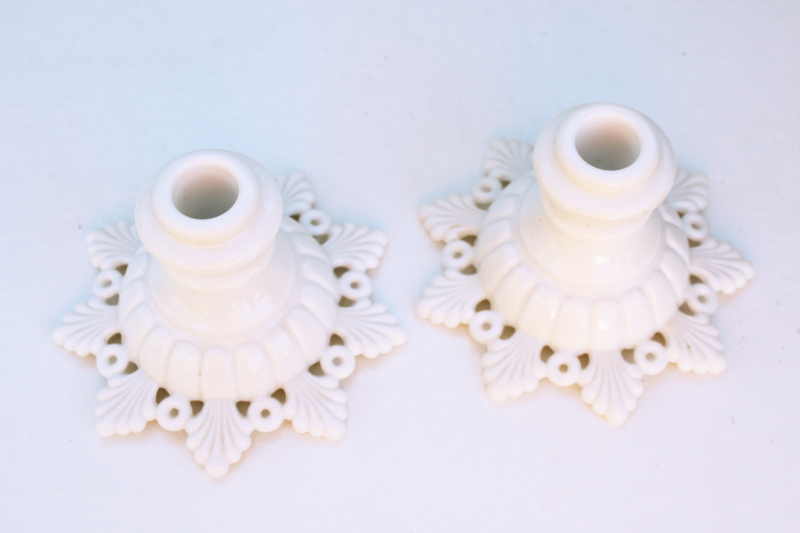 photo of vintage Westmoreland milk glass candle holders, pair low candlesticks ring & petal pattern #2