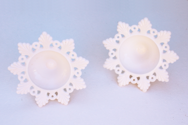 photo of vintage Westmoreland milk glass candle holders, pair low candlesticks ring & petal pattern #3