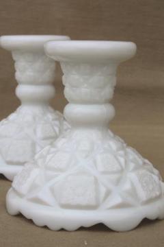 catalog photo of vintage Westmoreland milk glass candlesticks, Old Quilt pattern candle holders pair