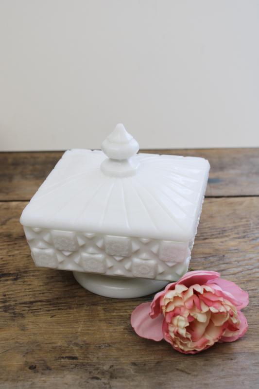 photo of vintage Westmoreland milk glass candy dish, old quilt pattern square box #1