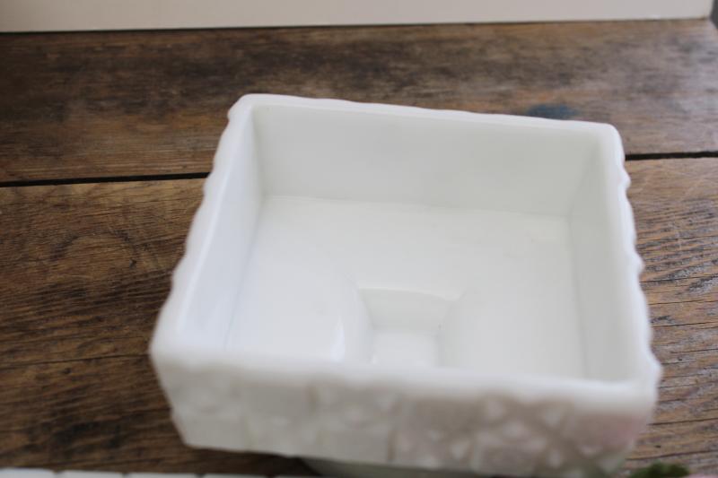 photo of vintage Westmoreland milk glass candy dish, old quilt pattern square box #2