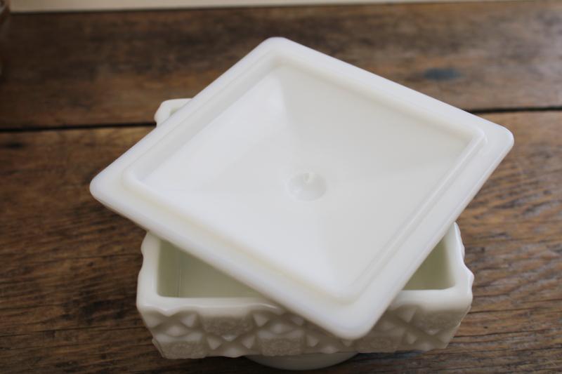 photo of vintage Westmoreland milk glass candy dish, old quilt pattern square box #3