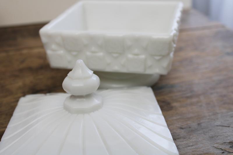 photo of vintage Westmoreland milk glass candy dish, old quilt pattern square box #4