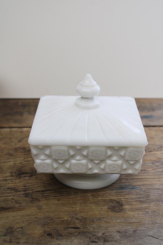 photo of vintage Westmoreland milk glass candy dish, old quilt pattern square box #7