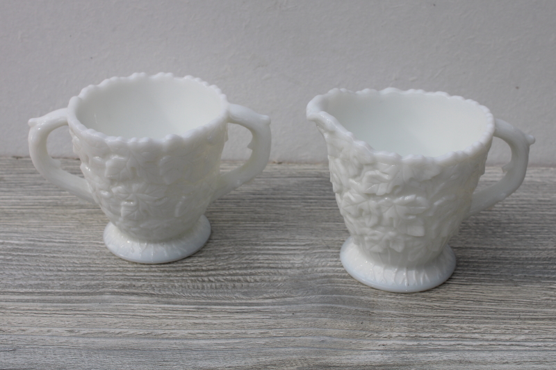 photo of vintage Westmoreland milk glass creamer & sugar, thorn handle bramble pattern #1